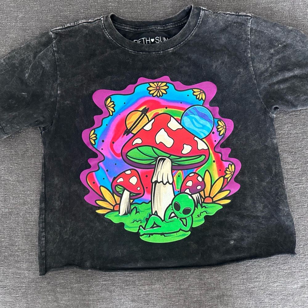 Fifth Sun Black Tee with Colorful Mushroom Graphic